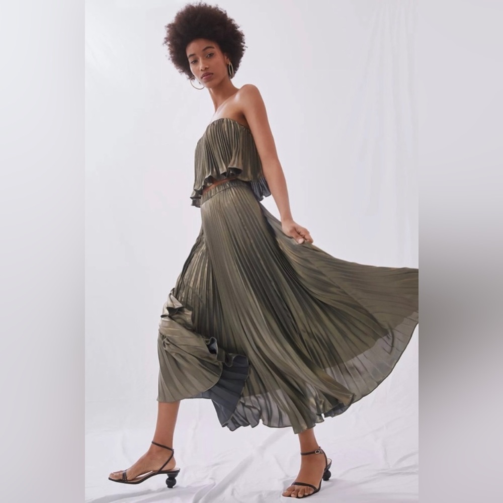 Anthropologie pleated metallic skirt set